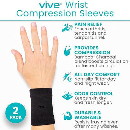 Vive Wrist Compression Sleeves for Women & Men (Pair) - Elastic Support | Wristband for Pain Relief & Circulation - Wrist Support for Carpal Tunnel, Arthritis, Tendonitis - Great for Sports Injury