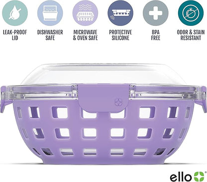 Ello DuraGlass Food Storage Glass Lunch Bowl Container - Meal Prep Container with Silicone Sleeve and Airtight Lid, 5 Cup, Lilac