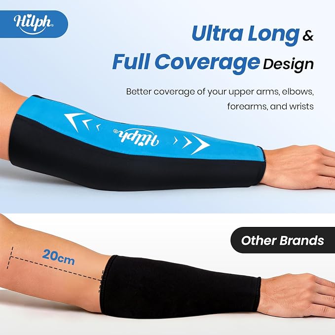 Hilph Full Arm Elbow Ice Pack Sleeve for Pitchers, Extended-Length Design | Reusable Hot & Cold Compression Gel Ice Wrap for Tennis Elbow, Golfers Arm, Tendonitis, Carpal Tunnel, Sports Recovery, Large
