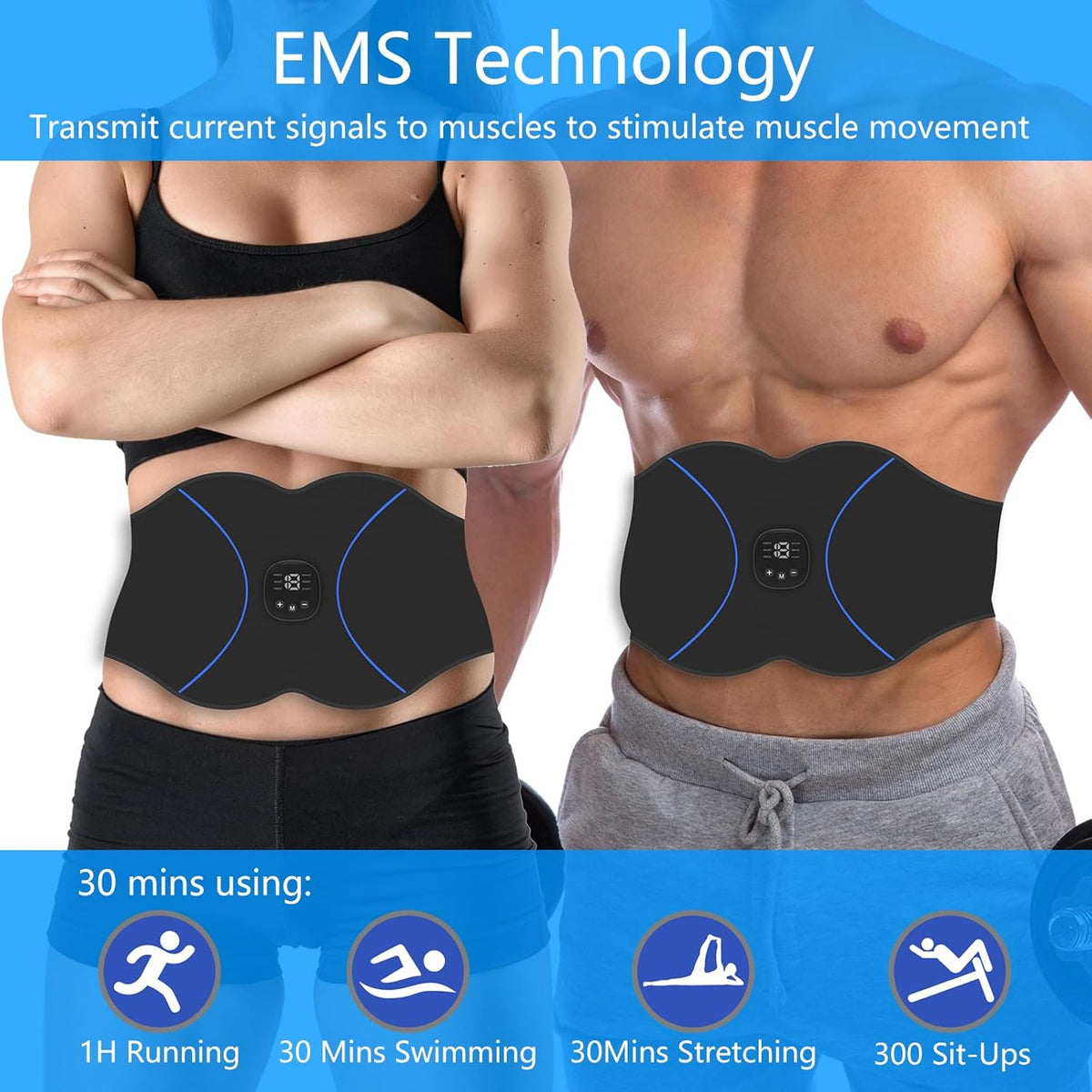 FDA Cleared, ABS Stimulator - EMS Muscle Stimulator, Portable Muscle Training for Abdomen, Abdominal Toning Belt, Fitness Ab Workout Equipment for Women and Men, Black Blue