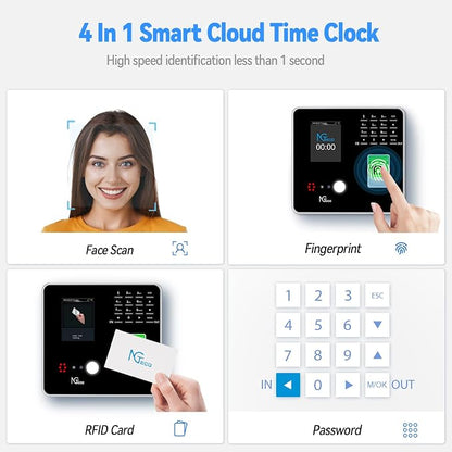 NGTeco Cloud Time Clock for Small Business, Real Remote Access, 4-in-1 Mode | Employee Time Clock with Face, Fingerprint, RFID, PIN Check-in, Software & App, Customizable Shift, 10 Cards, No Monthly Fee