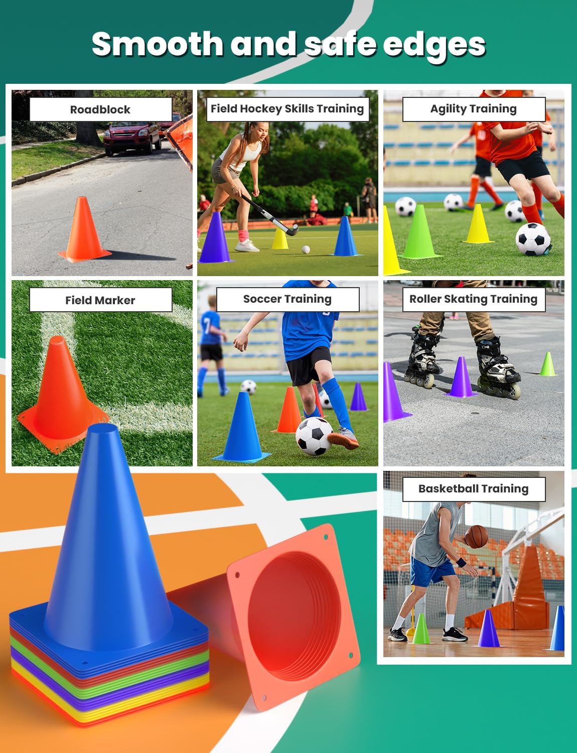 GHB Soccer Cones 7" 9" of 12 24 Pack Disc Soccer Sport Cones Training Field Marker Agility Cones for Basketball, Coaching, Practice Equipment Includes Drills Guide