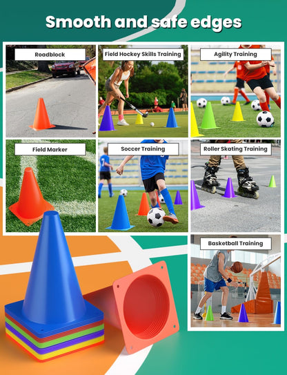 GHB Soccer Cones 7" 9" of 12 24 Pack Disc Soccer Sport Cones Training Field Marker Agility Cones for Basketball, Coaching, Practice Equipment Includes Drills Guide