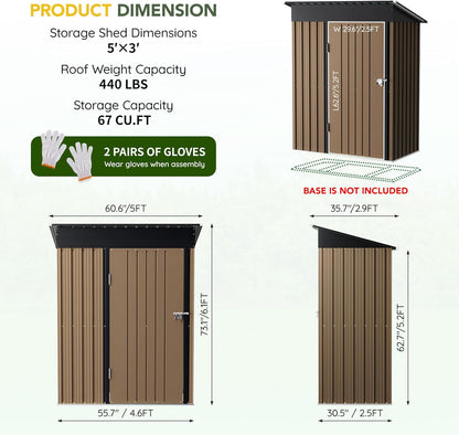 5x3FT Vertical Outdoor Steel Storage Shed, Lockable Doors, Compact Metal Tool Shed for Garden, Backyard, Patio, Utility, and Bike Storage,Brown