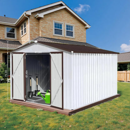 10' x 8' XL Outdoor Storage Shed, Sturdy Metal Building w/Lockable Doors for Garden, Backyard, Poolside and Lawn, Brown+White