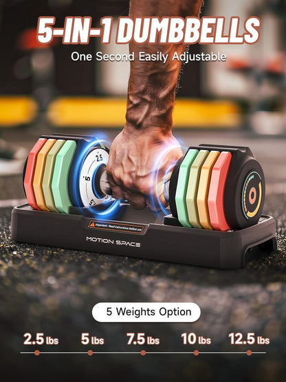 Adjustable Dumbbells Set 12.5LB/22.5LB Pair, 1-Sec Fast Adjustable 5 Weights by Turning Handle, Premium Comfort Non-slip Metal Dumbbells with Tray, Compact Size for Full Body Home Workout