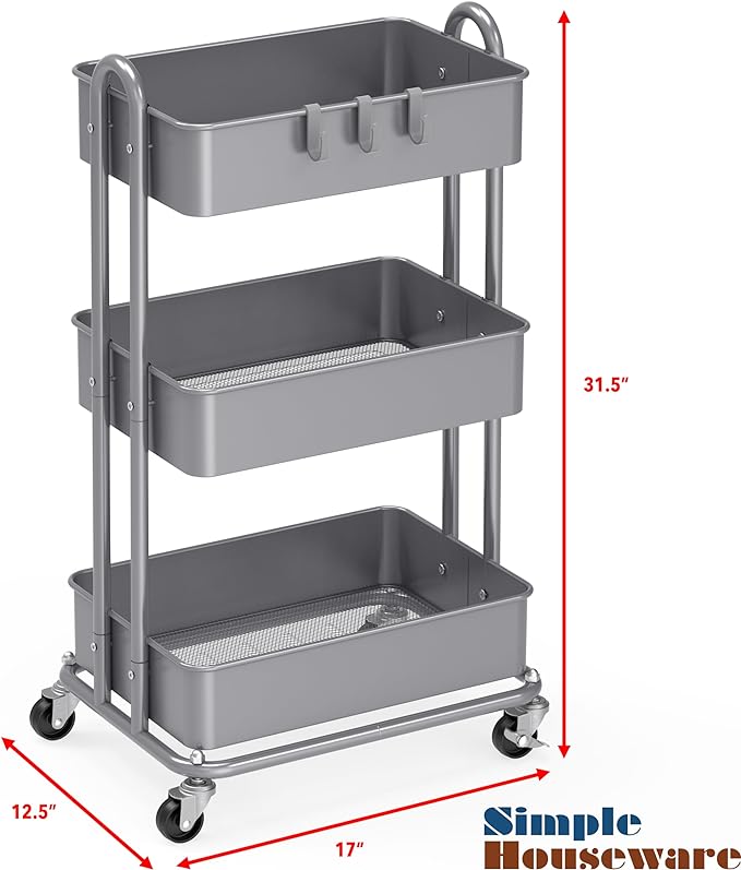 Simple Houseware 3-Tier Heavy Duty Metal Utility Rolling Cart, Silver
