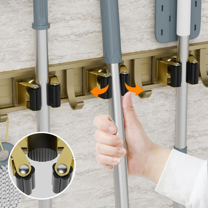 Broom Holder Wall Mount Mop and Broom Hanger Wall Mounted Garage Storage Rack Kitchen Garden Tool Organizer (4 Racks with 5 Hooks, Bronze)