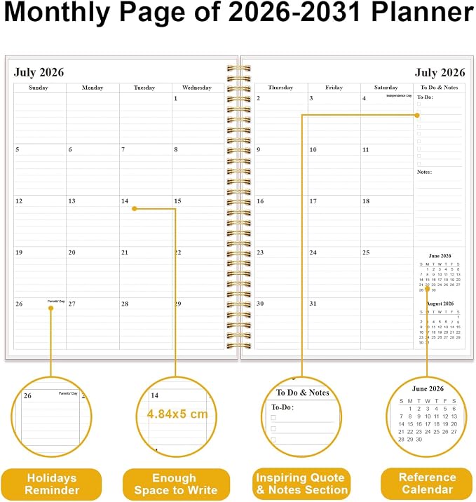2026-2031 Monthly Planner - 60 Month PLanner Calendar from July 2026 to June 2031, 5 Year Planner 2026-2031 with Flexible Cover, Inner Pocket, Perfect for Home | School | Office, 8.5" x 11", White Gold Flower