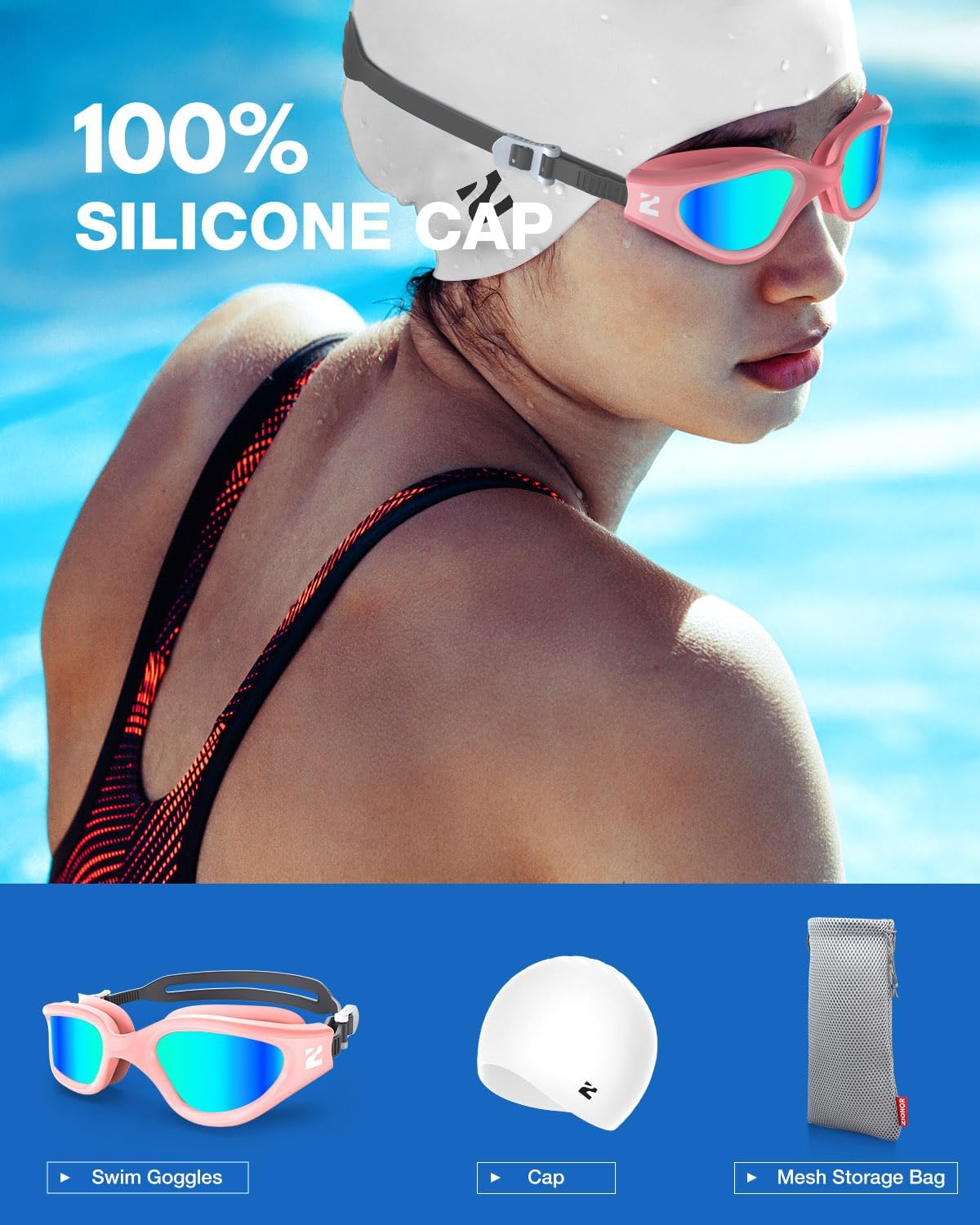 ZIONOR G1 Lite Swim Goggles with Swim Cap Comfortable Anti-fog Swimming Goggles Cap Set for Adult Men Women