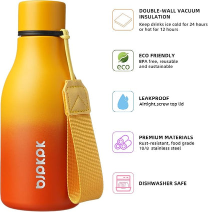 BJPKPK 12oz Insulated Water Bottle, Stainless Steel Bottle with Carry Strap | Keep Cold & Hot Vacuum Insulation, Leak-Proof BPA-Free Design, Slim Bottle Fits Most Cup Holders for Gym, Office & Travel