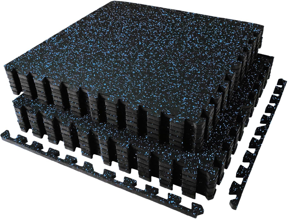 AIRHOP 0.56in Thick 48 Sq Ft Exercise Equipment Mats, 12 Tiles Upgraded Rubber Top with High Density EVA Foam, Large Interlocking Puzzle Gym Flooring for Home Gym, Heavy Weight Workout,Black & Blue
