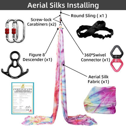 PRIOR FITNESS Aerial Silks Kit Colorful 9/15/20 Yards 40D Nylon Fabric Hammock Set With Hardware & Guide for All Levels Of Aerial Yoga Practice and Acrobatic Flying For Adults Aerial silk