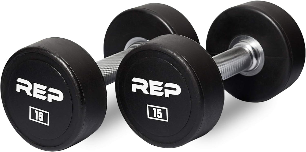 REP Fitness Urethane Coated Round Dumbbells, 5 to 100 lbs, Singles or Pairs, With or Without Rack, Steel Core, Rubber Encased, Chrome Handles, Professional Weights for Home Gym Strength Training