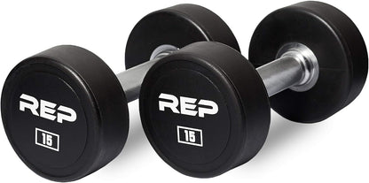 REP Fitness Urethane Coated Round Dumbbells, 5 to 100 lbs, Singles or Pairs, With or Without Rack, Steel Core, Rubber Encased, Chrome Handles, Professional Weights for Home Gym Strength Training