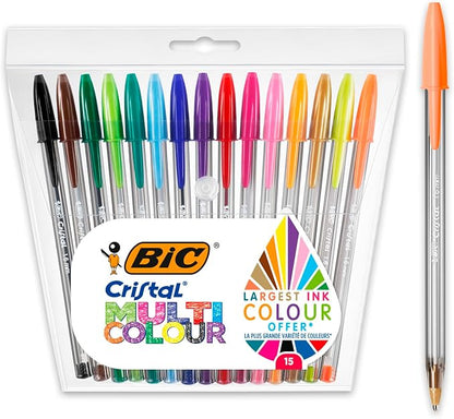 BIC Cristal Multicolour Ballpoint Pens With Wide Tip (1.6mm) Pens For Colourful Writing In Assorted Colours, Pack Of 15