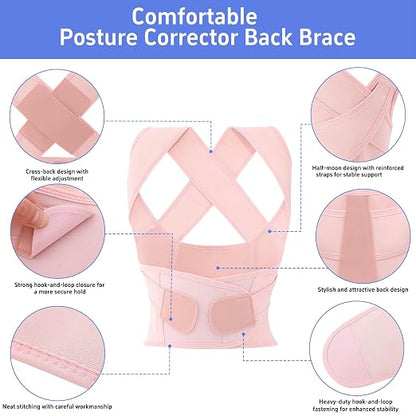 Posture Corrector for Women and Men Plus Size Full Back Support Brace Straightener Scoliosis Spine Upper Back Pain Relief Adjustable Shoulder Instant Posture Corrector with Hunchback (Pink, X-Large)