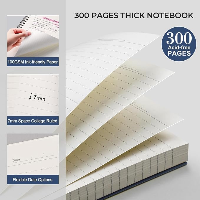AHGXG Spiral Notebook College Ruled - Spiral Journal Perforated Notebook A4 8.5" x 11", 300 Pages Easy Tear Perforated Pages, 100GSM Thick Paper, Plastic Hardcover, for Writing Work School, Navy Bule