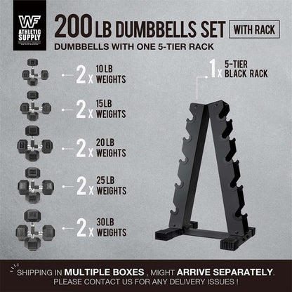 WF Athletic Supply 200Lb Dumbbell Set, 10-30Lb Dumbbell Set with A Frame Storage Rack for Muscle Toning, Strength Building & Weight Loss - Multiple Choices Available