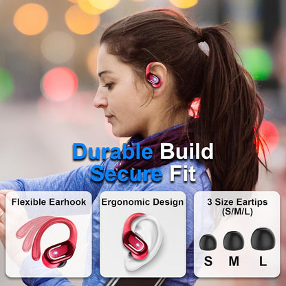 Ltinist Wireless Earbud, Bluetooh 5.4 Headphones Pure Bass Sound with Earhooks, 75H Battery in-Ear Sport Earbud with Dual-LED Display, IP7 Waterproof Earphones Built-in Microphone for Running, Red