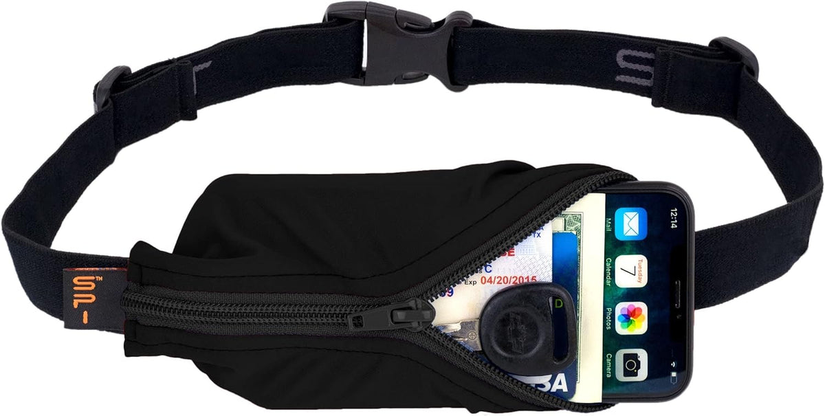 SPIbelt Running Belt for Women Men, Phone Holder for Running, Running Fanny Pack, Holder for Phone, Running Waist Pack, Adjustable Waist, [Fits All Phones]. Black with Black Zipper