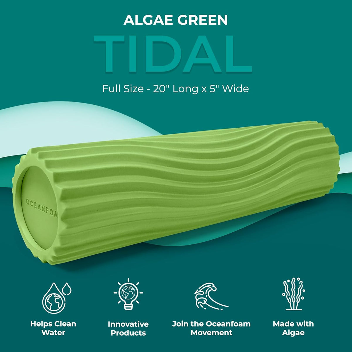 Oceanfoam Tidal Roller - Algae Green - Muscle Massage Foam Roller for Back Pain & Stretching - Firm and Ergonomic Wide Wave Textured - Yoga, Athletics, & Wellness - Full Size, 20" x 5"