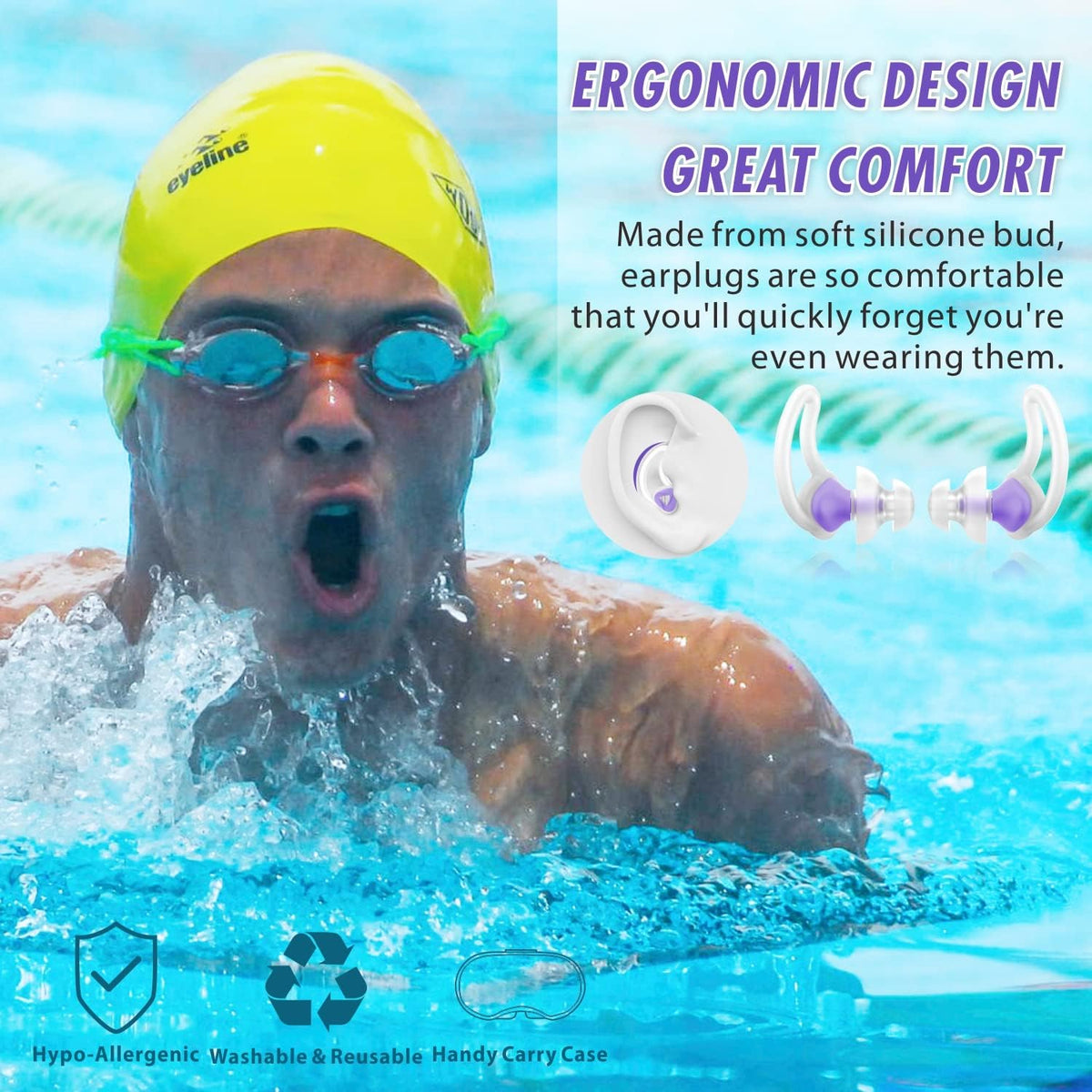 Hearprotek [2 Pairs] Swimmer Ear Plugs, Custom-fit Water Protection Adult Swimming earplugs for Swimmers Pool Shower Bathing and Other Water Sports (Purple)