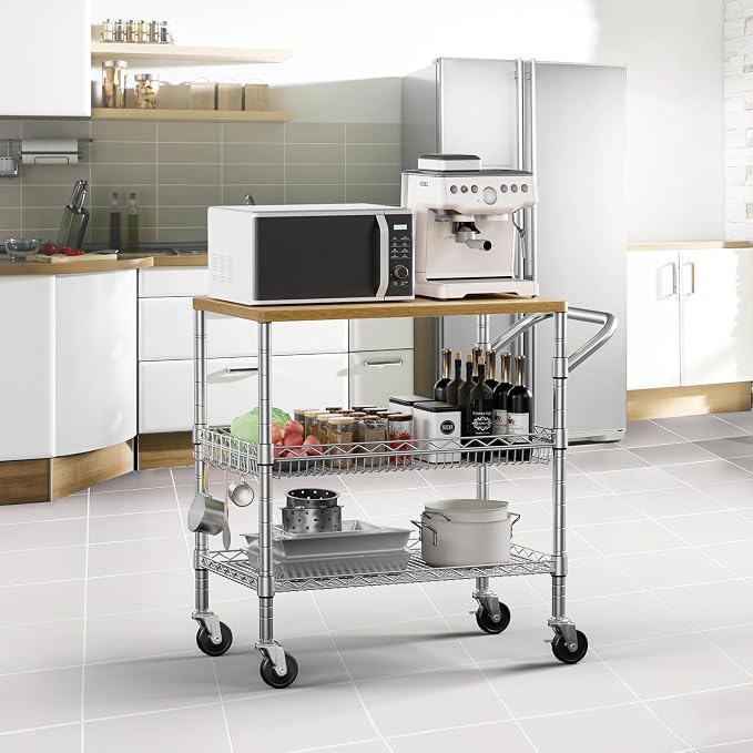 3 Tier Rolling Kitchen Carts on Wheels with Storage,650Lbs Heavy Duty Utility Carts with Wheels,Kitchen Island with Wood Tabletop,Metal Serving Rolling Cart for Small Appliance Food Cart,Wood+Metal