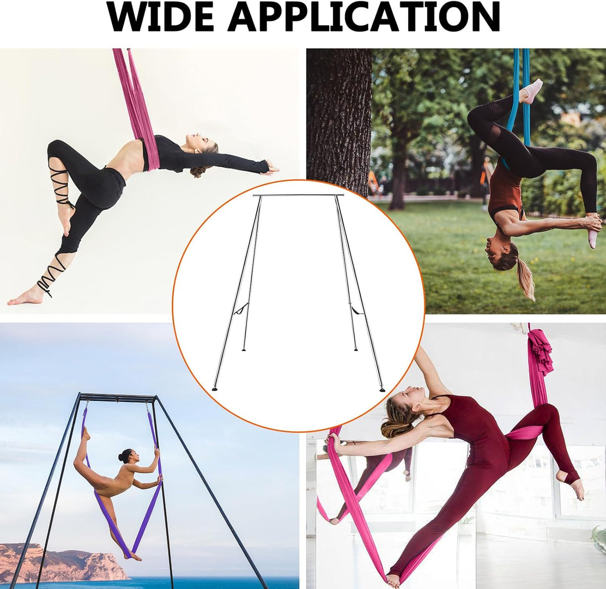 TECSPEC 9.6 FT/115.3 Inch Adjustable Height Aerial Yoga Frame & Hammock, Professional Swing Stand with 18 FT/33FT Aerial Silk, 550lbs Max Capacity