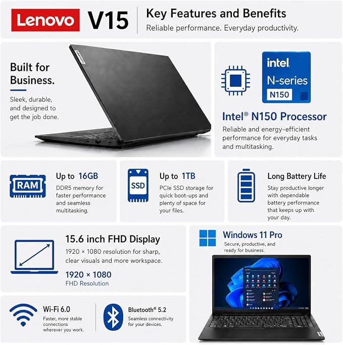 Lenovo V15 Business Laptop, Intel N150 Quad-Core Processor, 15.6" FHD Display, 16GB DDR5 RAM, 1TB NVMe SSD, Wi-Fi 6, Ethernet RJ-45, Dolby Audio, Windows 11 Pro, Business Black