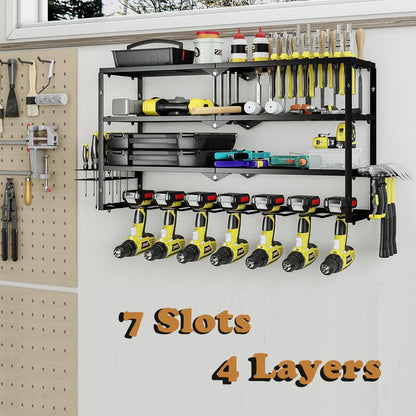 AZERPIAN Tool Organizer Heavy Duty Power Wall Mount for Drill and Cordless Tools Heavy Duty Rack for Garage Organization Workshop Pegboard (3 Layers 7 Slots)