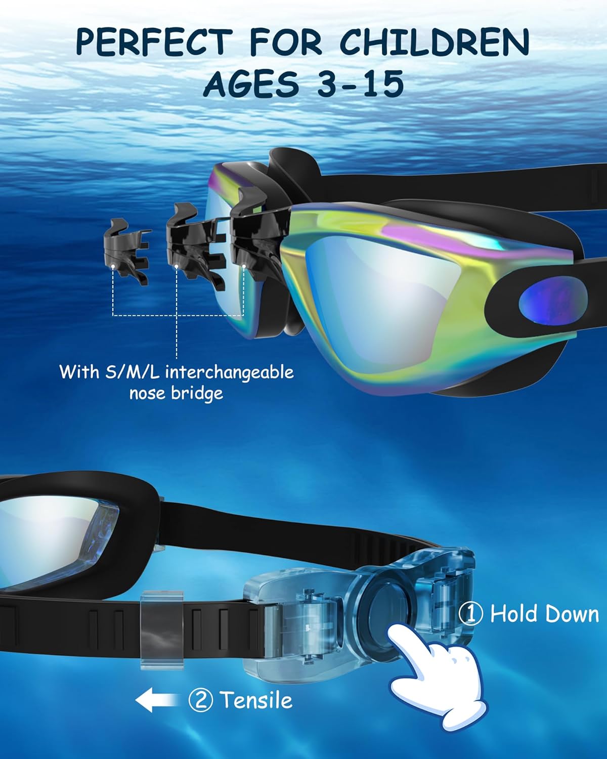 Kids Swim Goggles, Swimming Goggles for Kids Toddlers 3-14 with Swim Cap, Nose Clip, Nose Bridge, Ear Plugs