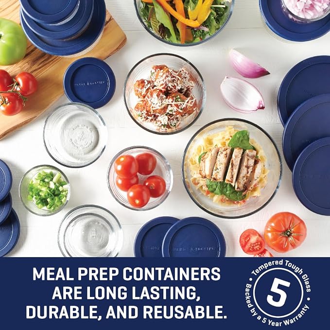 Anchor Hocking 26 Piece Glass Storage Containers with Lids (13 Glass Food Storage Containers & 13 Navy Blue SnugFit Lids)