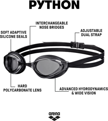 ARENA Unisex Python Racing Swim Goggles for Men and Women Anti-Fog No Leak Max Comfort Dual Strap, Mirror/Non-Mirror Lens
