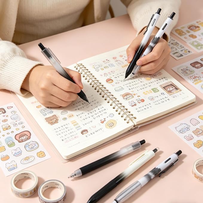 Fengtaiyuan Retractable Gel Pens, 0.5mm Black Ink ST Fine Point, Quick Dry No Smudge 3 Styles (Silent Click/Ergonomic Triangular Grip) for School Office Exam Note Taking, 12 Pack