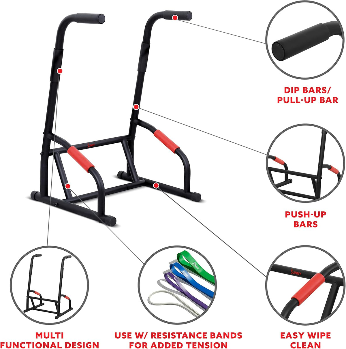 Sunny Health & Fitness Power Tower, Dip Bar, Push-Up & Pull Up Assisting Parallette Station w Optional Rock Climbing Grip Trainer