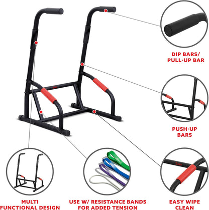 Sunny Health & Fitness Power Tower, Dip Bar, Push-Up & Pull Up Assisting Parallette Station w Optional Rock Climbing Grip Trainer