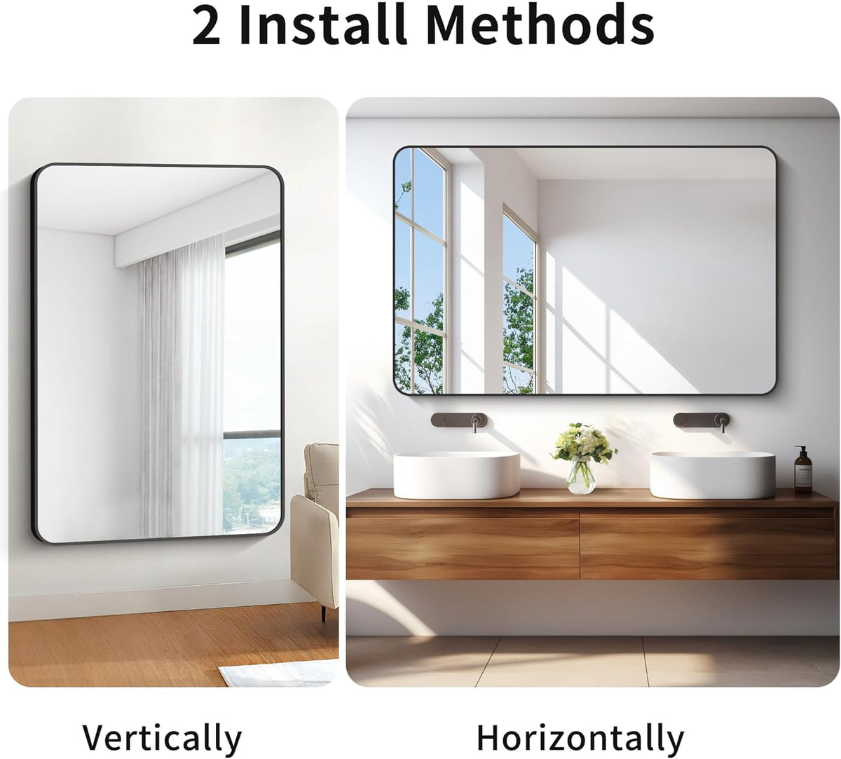 55x36 inch Bathroom Mirror,Black Rectangle Mirror,Wall Mounted Bathroom Frame Vanity Mirror with Round Corner for Bedroom Living Room, Entryway Hangs Horizontal or Vertical