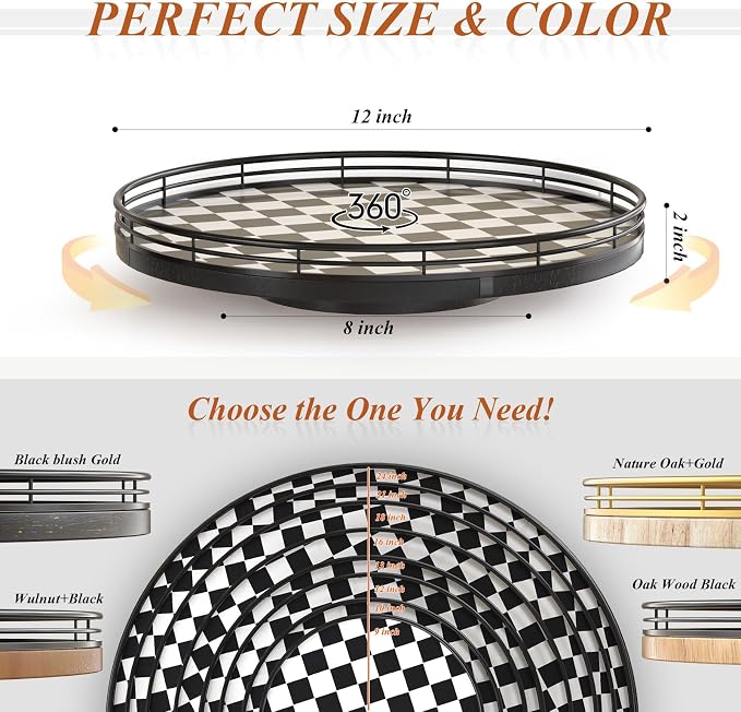 Black and White Kitchen Lazy Susan Turntable – Round Checkered Decorative Tray, 12” Table Top Oak Wood Lazy Susan for Cookies, Dining Table Organizer, Small Kitchen Table Centerpiece