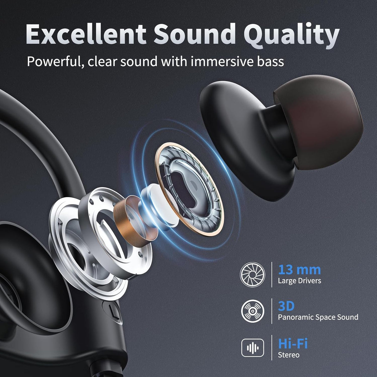 JOYWISE Bluetooth Headphones, Wireless Earbuds Bluetooth 5.3 Headphones with 16Hrs Playtime Stereo Bass Headsets, IPX7 Waterproof Running Earphones for Sports, Black