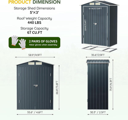 Breezz 5x3FT Vertical Outdoor Steel Storage Shed with Floor Frame, Lockable Doors, Compact Metal Tool Shed for Garden, Backyard, Patio, Utility, and Bike Storage,Nightblue