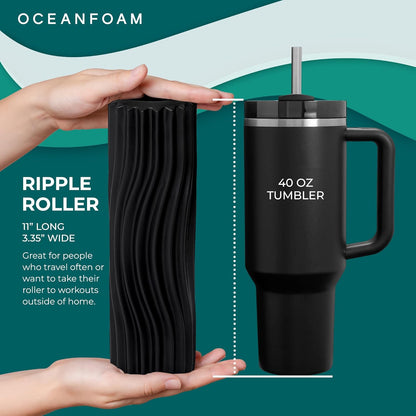 Oceanfoam Ripple Travel Foam Roller (11" x 3.35") Firm Mini Foam Roller for Physical Therapy, Deep Tissue Massage, Back Pain - High Density, Ergonomic Wave Textured - Yoga, Pilates, Exercise (Black)