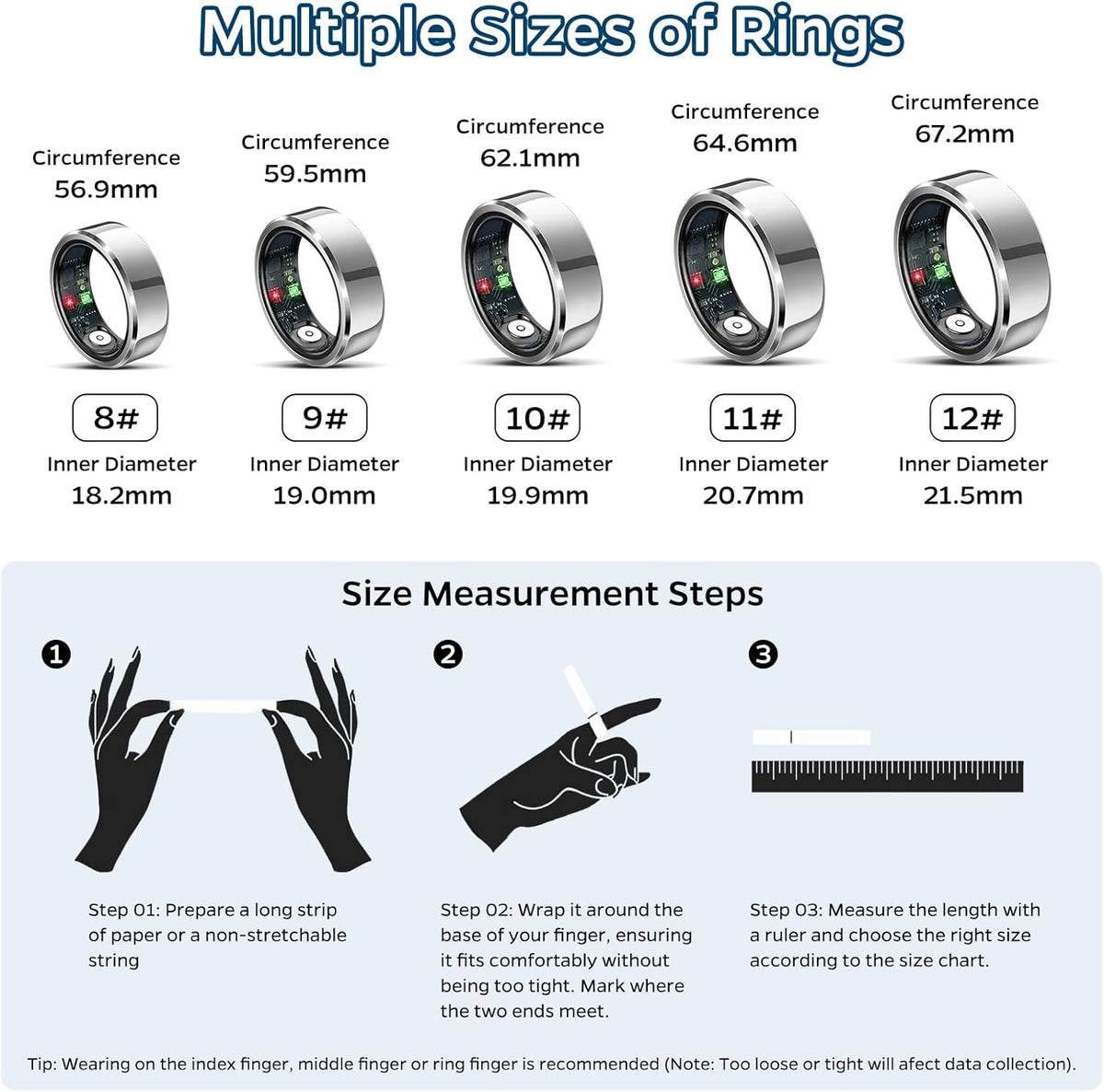 Smart Ring Health Tracker, Sleep Tracker Ring with Heart Rate, Waterproof Fitness Ring for Activity Monitoring/Steps/Distance/Calories, Air Gestures, Up to 7-Day Battery, for iOS Android (Silver,#11)