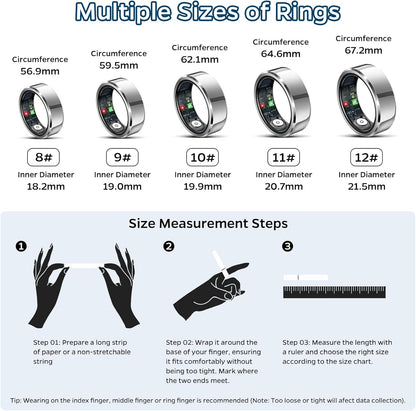 Smart Ring Health Tracker, Sleep Tracker Ring with Heart Rate, Waterproof Fitness Ring for Activity Monitoring/Steps/Distance/Calories, Air Gestures, Up to 7-Day Battery, for iOS Android (Silver,#11)