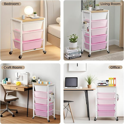 Rolling Cart with 5 Drawers, Plastic Drawer Storage Carts with Wheels & Wooden Tabletop, Metal Utility Cart with Pegboards, Office Living Room Classroom Craft Organization and Storage, Bright Pink