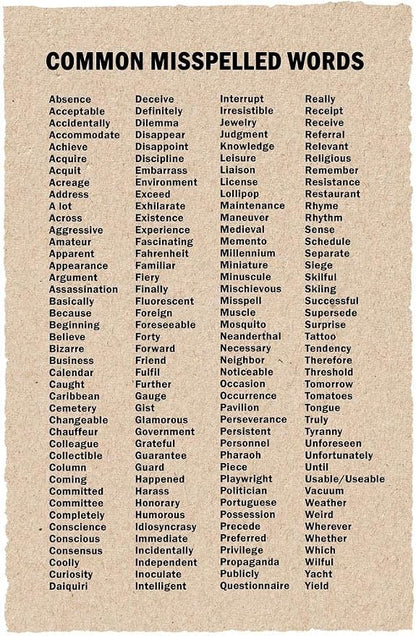 Laminated Commonly Misspelled Words Poster Writing Spelling For Elementary Middle Or High School Classroom Poster Dry Erase Wall Art 12x18