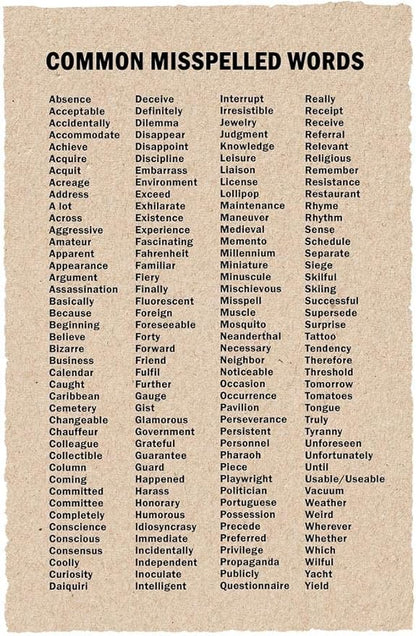 Commonly Misspelled Words Poster Writing Spelling For Elementary Middle Or High School Classroom Cool Wall Art Print Poster 16x24