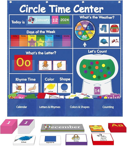 Circle Time Learning Center, Teaching Shape Circle Time Pocket Chart with 221 Cards, Educational Pocket Chart Teaching Materials, Learning Calendar Weather Counting Letter Color Shape etc
