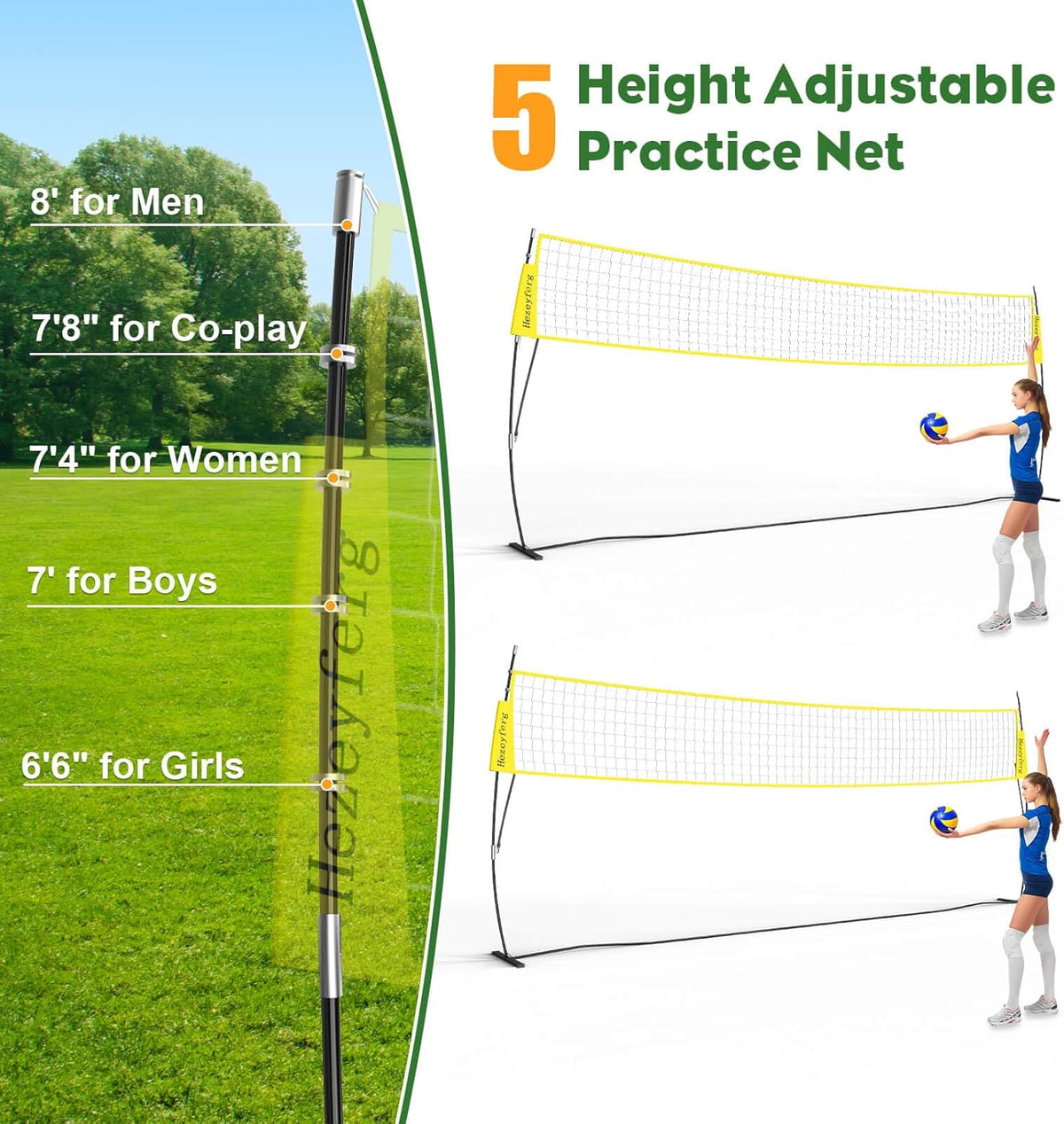 20FT/12FT Freestanding Volleyball Training Net, 5 Height Adjustable Portable Volleyball Net System, Quick Setup Practice Set for Indoor or Outdoor Use
