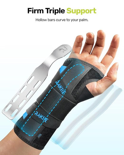Rakiie Upgraded Carpal Tunnel Wrist Brace, Night Support for Arthritis, Sprain & Tendonitis Pain Relief, Flexible 3-Bar Support, Breathable Fit Hand Splint for Men & Women (Blue, Small, Right Hand)